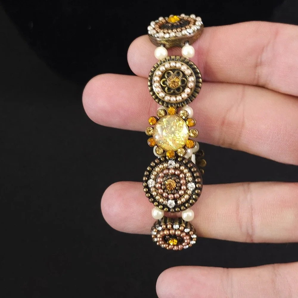 Vintage 90s Gold Tone Stretch Bracelet Statement Antiqued Women's Jewelry